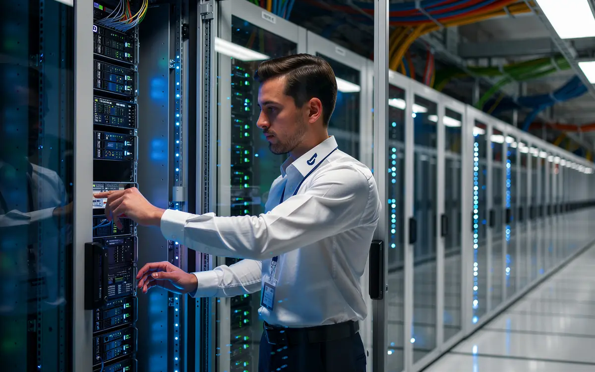 IT technician in a white shirt checking a server rack in a data center aisle