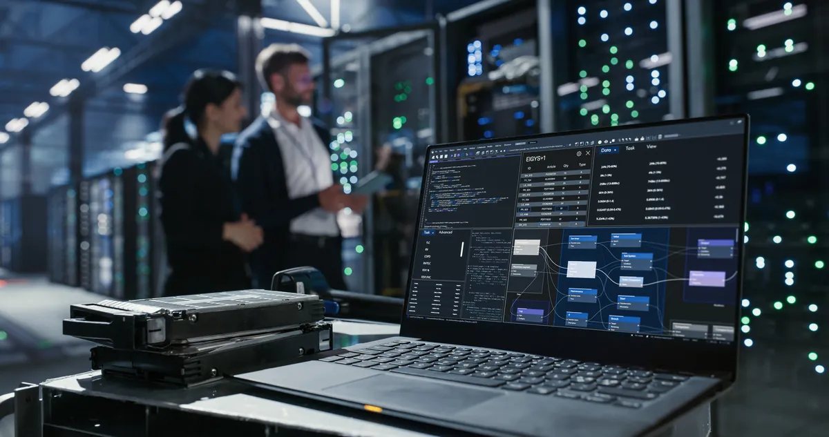 Two IT engineers reviewing server racks in a data center while a laptop on a cart displays system monitoring dashboards